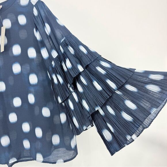 Chico’s Navy Blue White Dot Lightweight Pleat Tiered Flutter Sleeve Blouse NEW - Picture 11 of 15